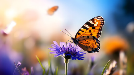 Obraz premium A butterfly alights on a vibrant violet flower in a field of colorful wildflowers under a bright blue sky, surrounded by gentle winds.