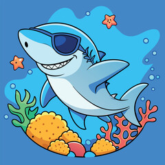 Naklejka premium Cute shark wearing-sunglass adventure in deep.