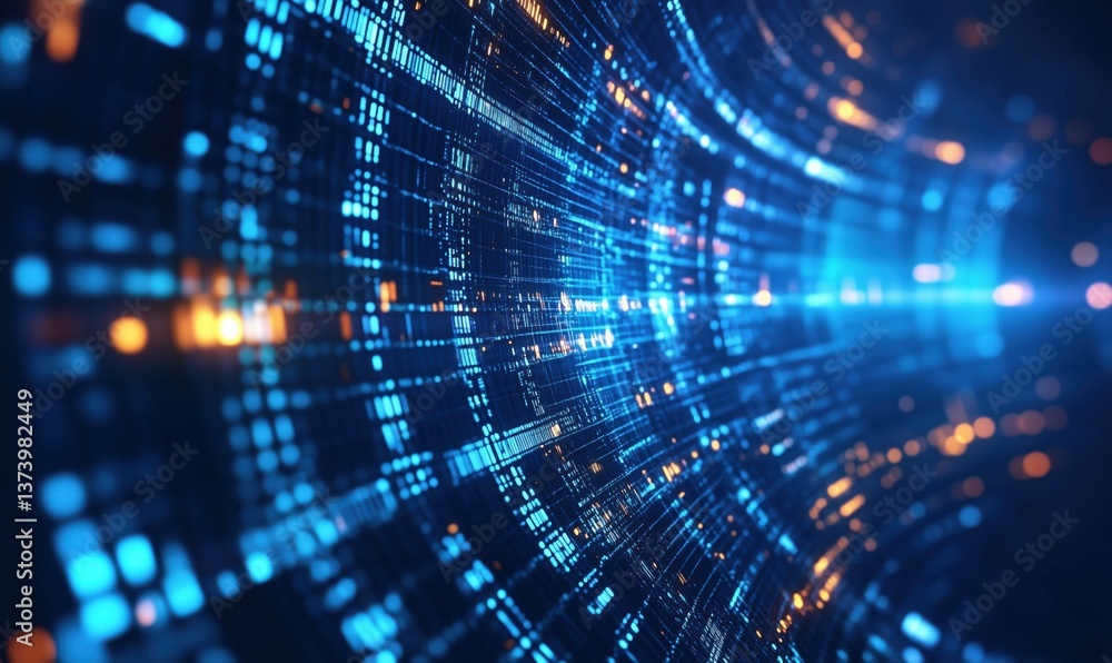 Poster abstract digital data flow with glowing blue and orange lines in futuristic design