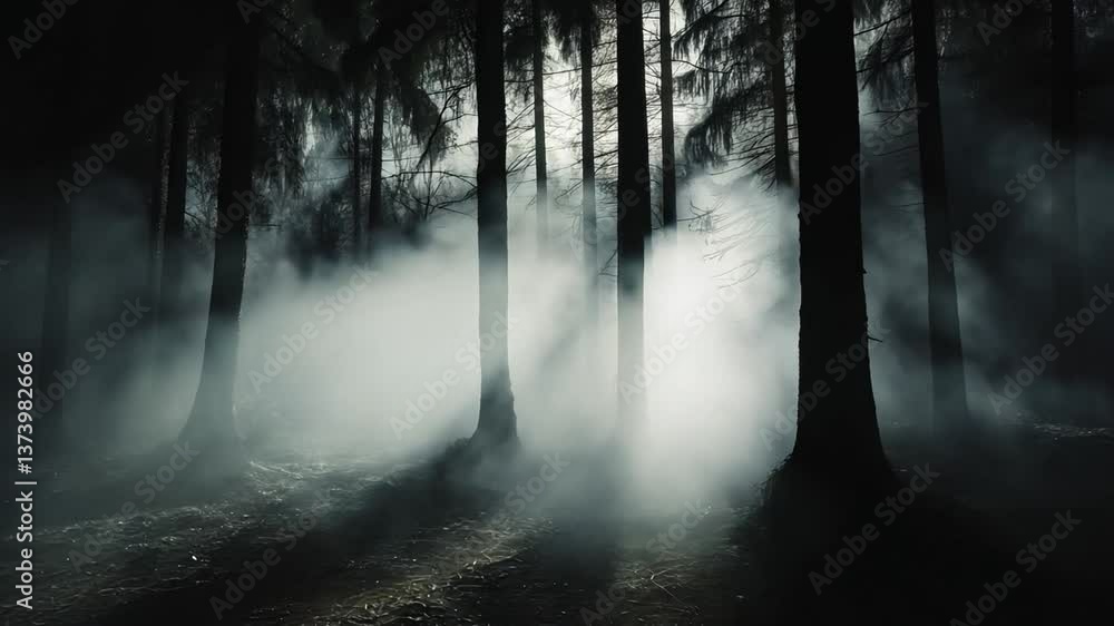 Aufkleber mystical forest landscape with fog and tall trees creating a serene atmosphere in nature's envelopin
