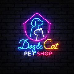 Pet logo with dog, cat, neon, animal, and shop theme featuring the phrase Dog and Cat Pet Shop. Bright outlines form a house shape and stylish lettering pops against the dark wall.