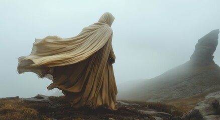Mysterious cloaked figure standing on foggy mountain landscape, beige cloak flowing in wind, evoking a sense of mysticism and solitude