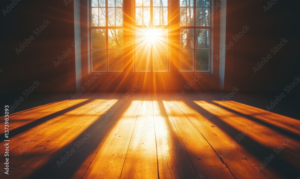 Poster sunlight streaming through window creating warm rays and shadows on wooden floor