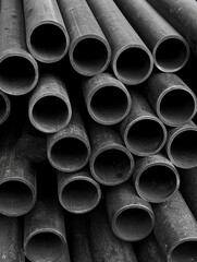 Black and white photograph of a stack of pipes. the pipes are arranged in a horizontal manner and are stacked on top of each other. they appear to be made of metal and have a rough, textured surface.