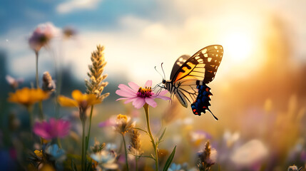 Obraz premium A butterfly delicately perched on a pink flower in a meadow full of vibrant, colorful wildflowers, under a soft blue sky with white clouds.
