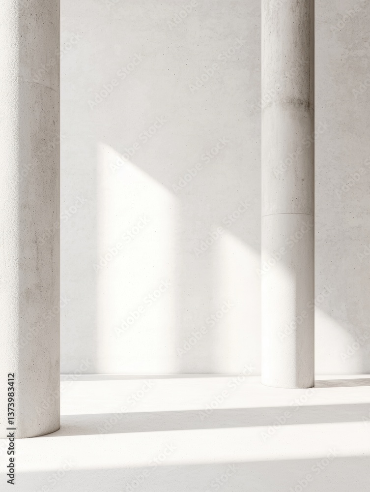 Poster three white columns standing in an empty room with a concrete wall in the background. the columns ar
