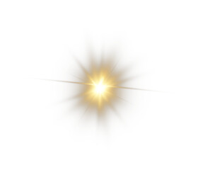 Fototapeta premium Png shine gold star light with sparkle effect. Glowing yellow light, magic star sparks, and lens flare on a transparent background. Perfect for highlights and special effects. Png illustration