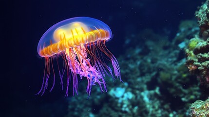 Glowing jellyfish drifts near coral reef
