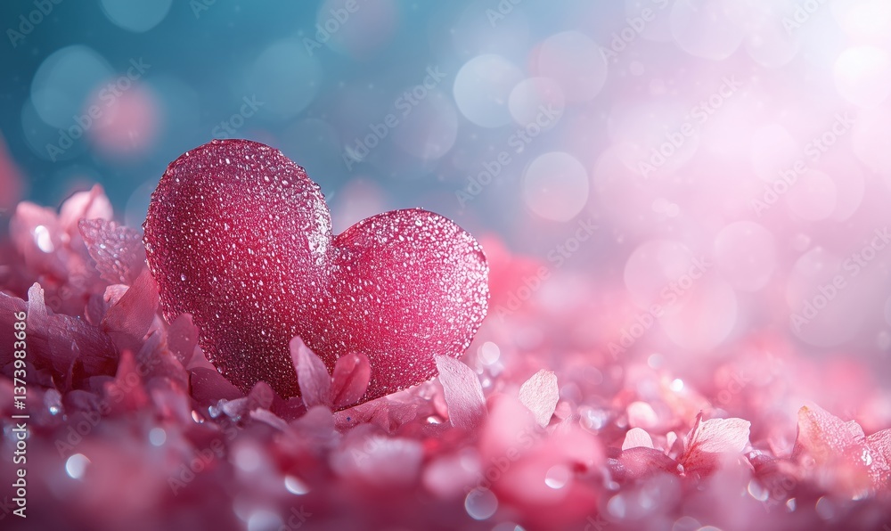 Poster heart shaped object with dew drops surrounded by pink petals and soft bokeh background