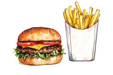 Watercolor illustration of a burger and fries on a white background, in a vector art , with detailed, hand-drawn illustrations and hanSuitable for sticker design or vector graphics. Waterco background