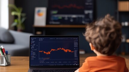 A curious child gazes at a laptop displaying financial charts, learning about currency trends in an inviting home setting.