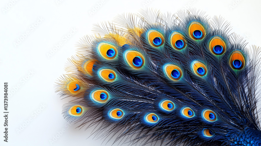 Poster vibrant peacock feathers displaying intricate patterns and vivid colors in natural light peacock fea