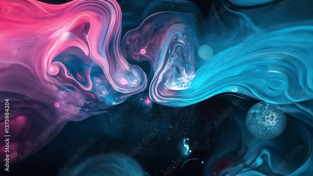 Poster abstract fluid art in vibrant shades of pink and blue with swirling patterns and stars in dark backg