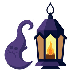 Illustration of spooky lantern and candle isolated.