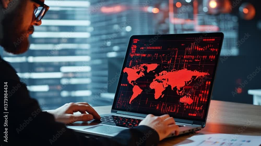 Poster businessman in glasses working on laptop with world map data visualization in dark office environmen