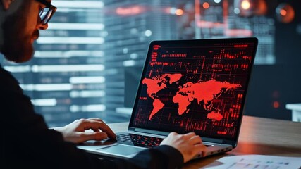 Businessman in glasses working on laptop with world map data visualization in dark office environment illuminated by ambient lights, focus on tech and analytics - Powered by Adobe
