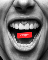 Angry. Contemporary art collage. Wide open mouth showing tension and rage, red tag symbolizing intense emotion. Comic-style halftone. Concept of frustration, opinion and emotional expression.