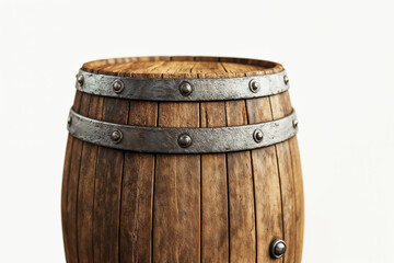 Obraz premium Old wooden barrel with metal rings on white background