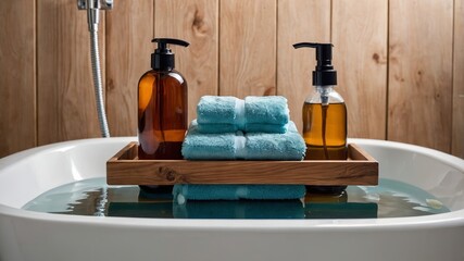 Relaxing bath setup with towels and essential toiletries in wood-accented bathroom during afternoon hours