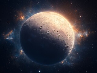 Fototapeta premium Mystical view of a craggy planetary surface illuminated by distant sunlight in the midst of a vibrant cosmic nebula and stars