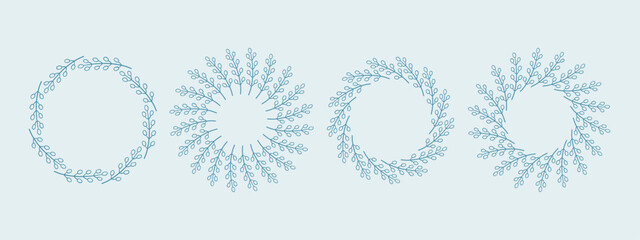 Naklejka premium Simple flower circle frame set. Hand drawn blue round line border, leaves and flowers, wedding invitation and cards, logo design and posters template. Elegant minimal style floral vector isolated set