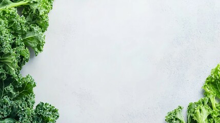 Fresh, vibrant kale leaves frame a textured, light-colored background, creating a healthy food aesthetic