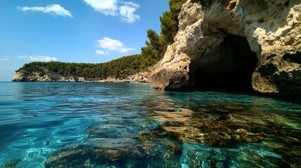 Fototapeta premium Underwater cave exploration crystal clear waters greece nature photography serene environment scenic view