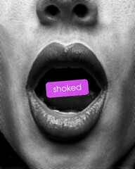 Shocked. Contemporary art collage. Open mouth frozen in disbelief, violet label representing sudden...