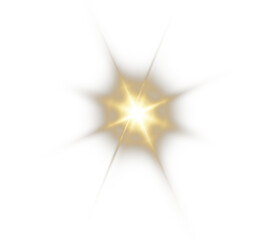 Png gold star light with sparkle effect. Glowing yellow light, magic star sparks, and lens flare on a transparent background. Perfect for highlights and special effects. Png illustration