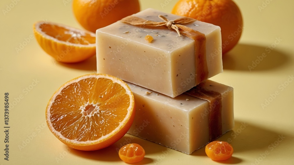 Aufkleber handmade orange-scented soap displayed with fresh oranges on a yellow background in a bright setting
