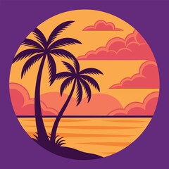 Tropical beach sunset vibrant colorful sky silhouette. 