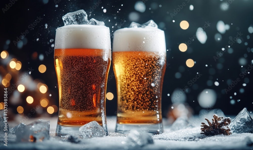 Poster refreshing cold beers with ice and bubbles against festive bokeh background
