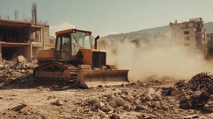 Heavy duty bulldozer working on a construction site. Heavy duty construction equipment.