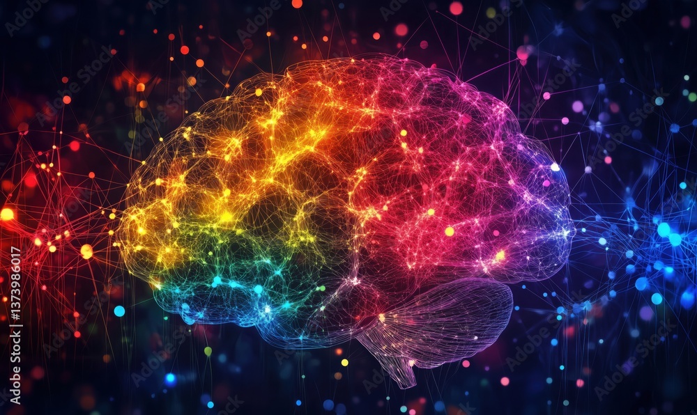 Poster colorful abstract representation of brain with neural connections and glowing lights