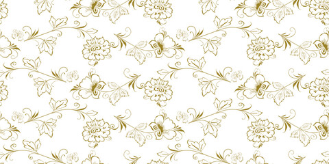 Seamless pattern of outlines decorative flowers with butterflies, vector background, paper, fabric, wallpaper, textile