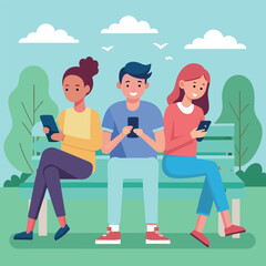 Young people holding phone on bench park vector.