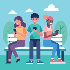 Young people holding phone on bench park vector.