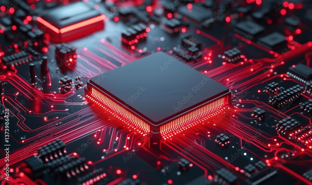 Poster red glowing microchip on circuit board with intricate electronic connections and components