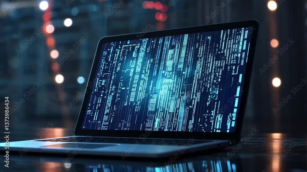 Poster modern laptop with digital data display on dark background in high-tech environment, illuminated wit