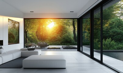 Modern living room with large windows showcasing sunset view over lush greenery