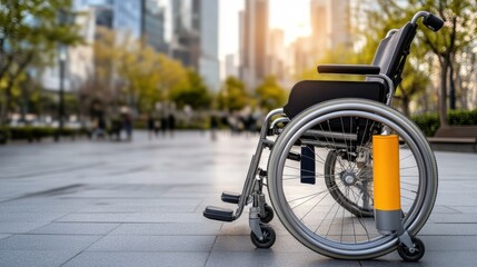 Fototapeta premium Empty wheelchair in a modern urban park setting, captured under gentle sunlight, symbolizing accessibility and independence.