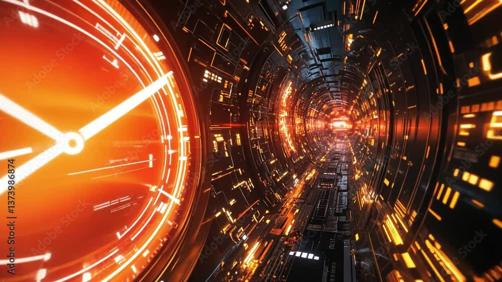 Poster futuristic abstract tunnel with bright orange lighting and intricate digital patterns in a sci-fi en