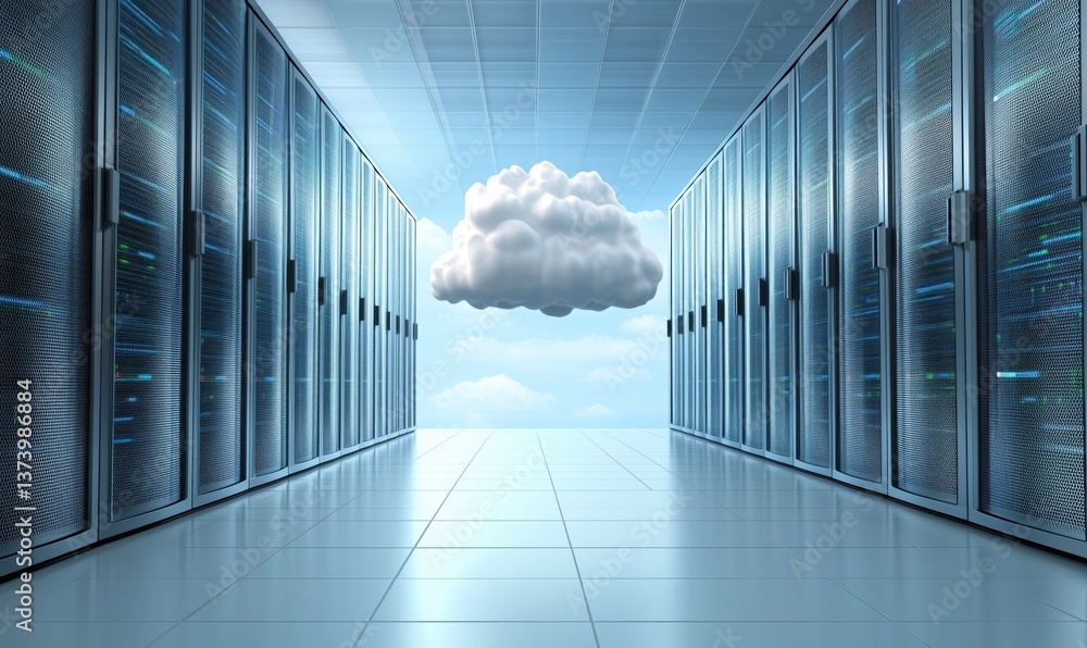 Poster cloud computing concept with server racks and cloud symbol in data center