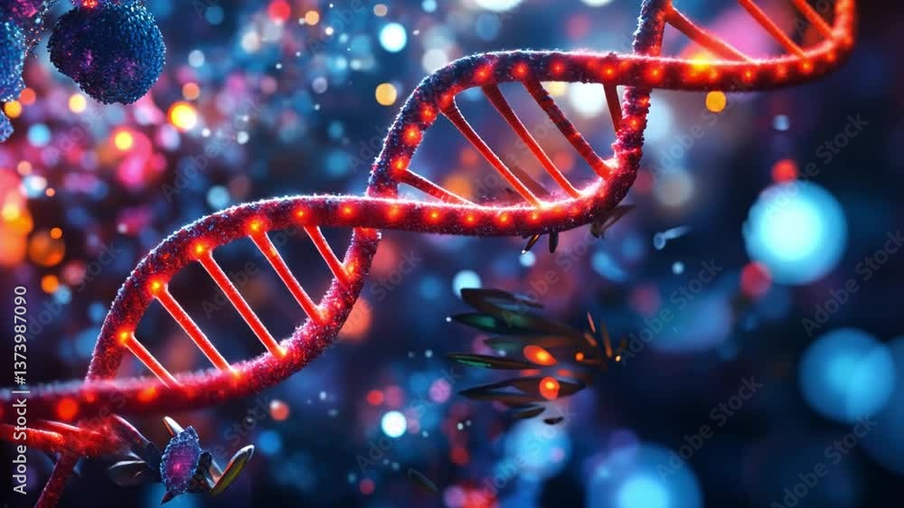 Poster colorful abstract 3d dna double helix model glowing in dark background with bokeh light effects and 