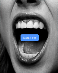 Scream. Contemporary art collage. Wide-open mouth with visible tongue and blue tag, expression of...