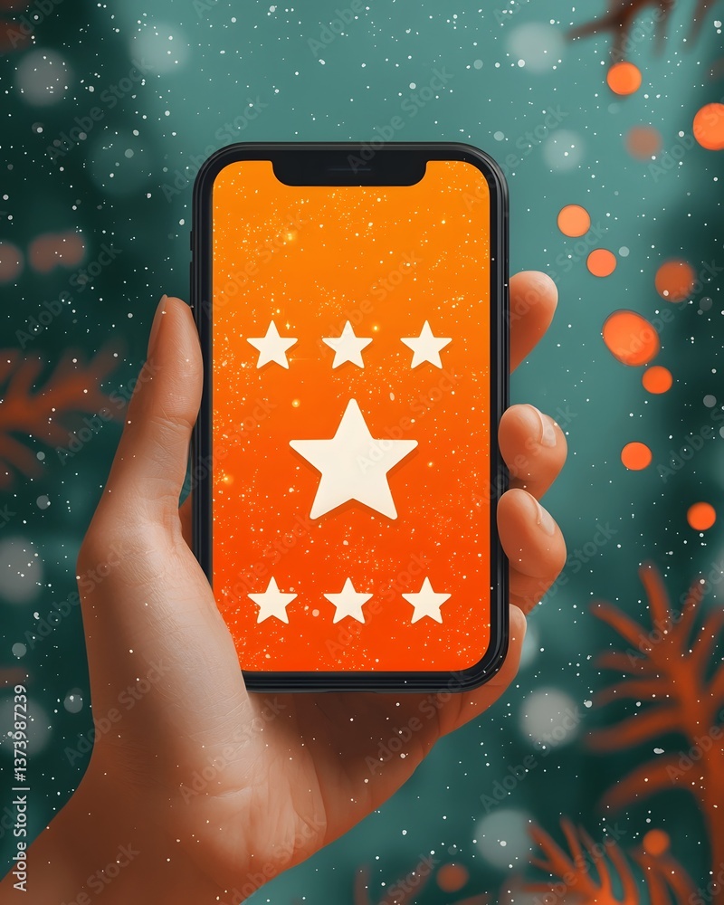 Poster mobile device displaying five star review on festive background