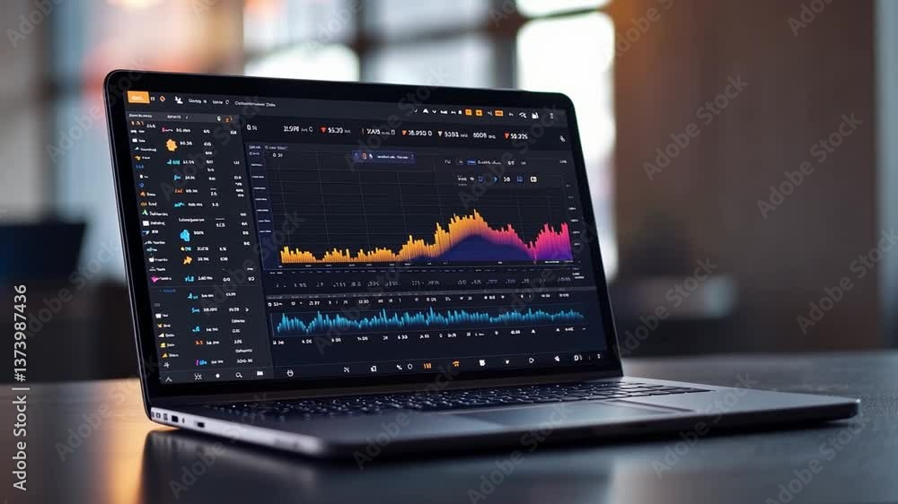 Poster modern laptop displaying stock market graphs and analytics in an office environment with warm lighti