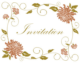 Frame floral decorative, orange chrysanthemum flowers, golden leaves, tendrils, invitation card, decoration, vector illustration