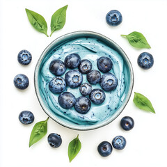 blue matcha yogurt with berries on white background