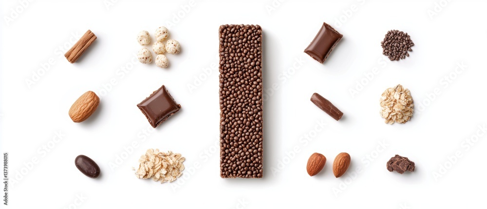 Poster flat lay of various types of nuts and chocolates arranged in a horizontal line on a white background